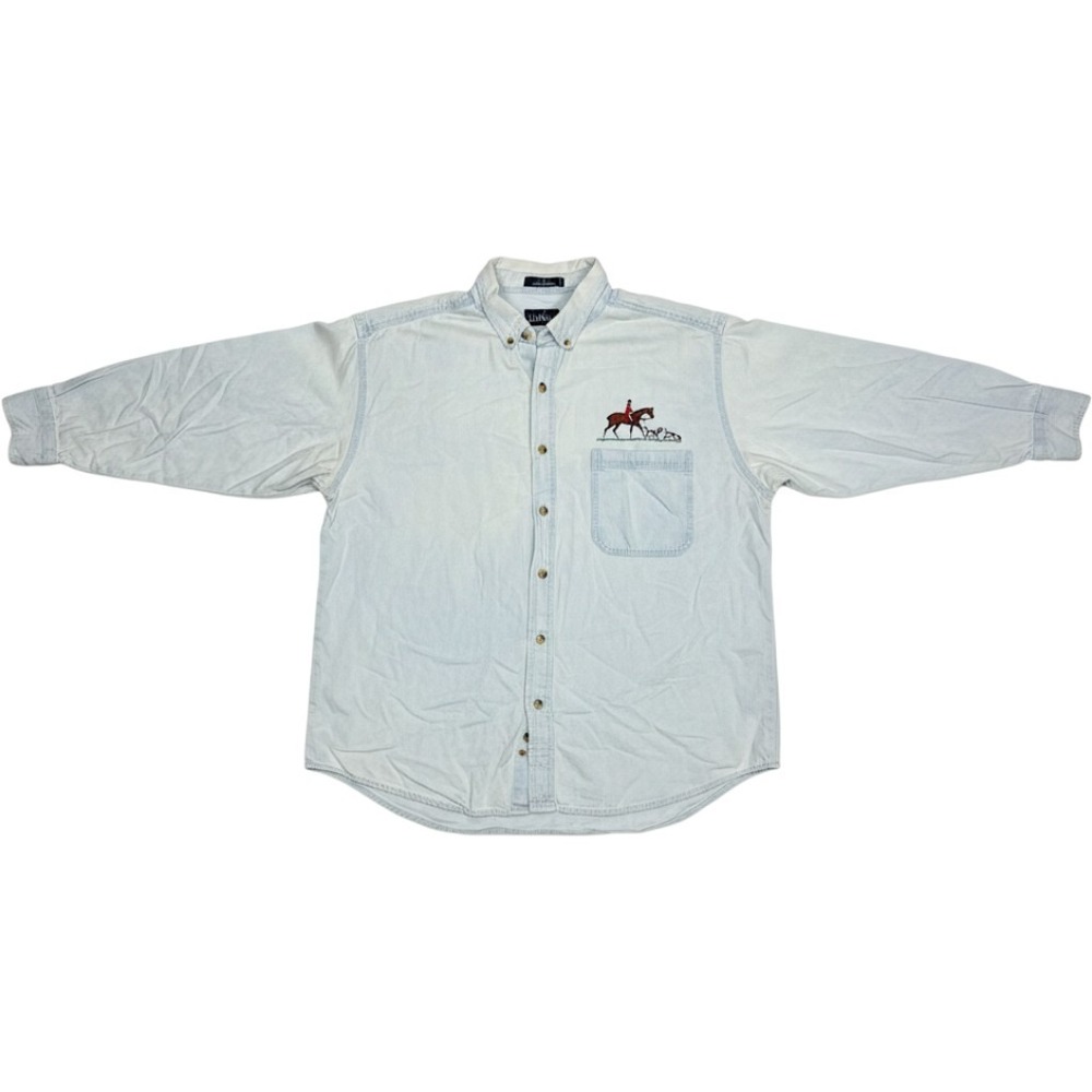 Luna Pier Mens Light Wash Denim Fox Hunt Horse Embroidery Button Down Shirt L
